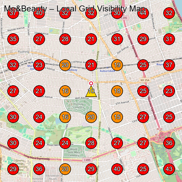 Me&Beauty GeoGrid visibility map for Skin Care Clinic in Queens